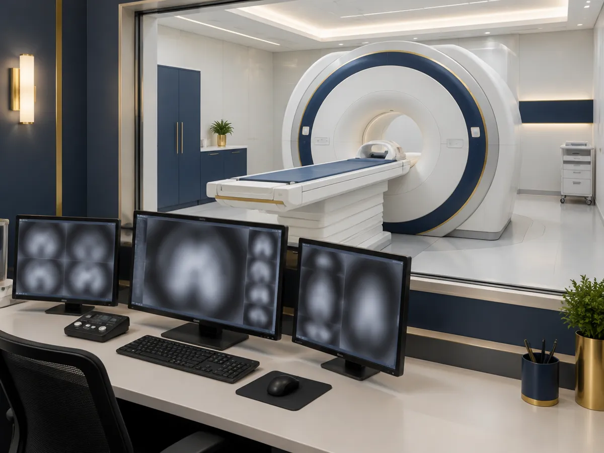 A simplified ring-shaped scanner with an examination table, beside a monitor showing concentric circles; both are schematic drawings, not a real scan.