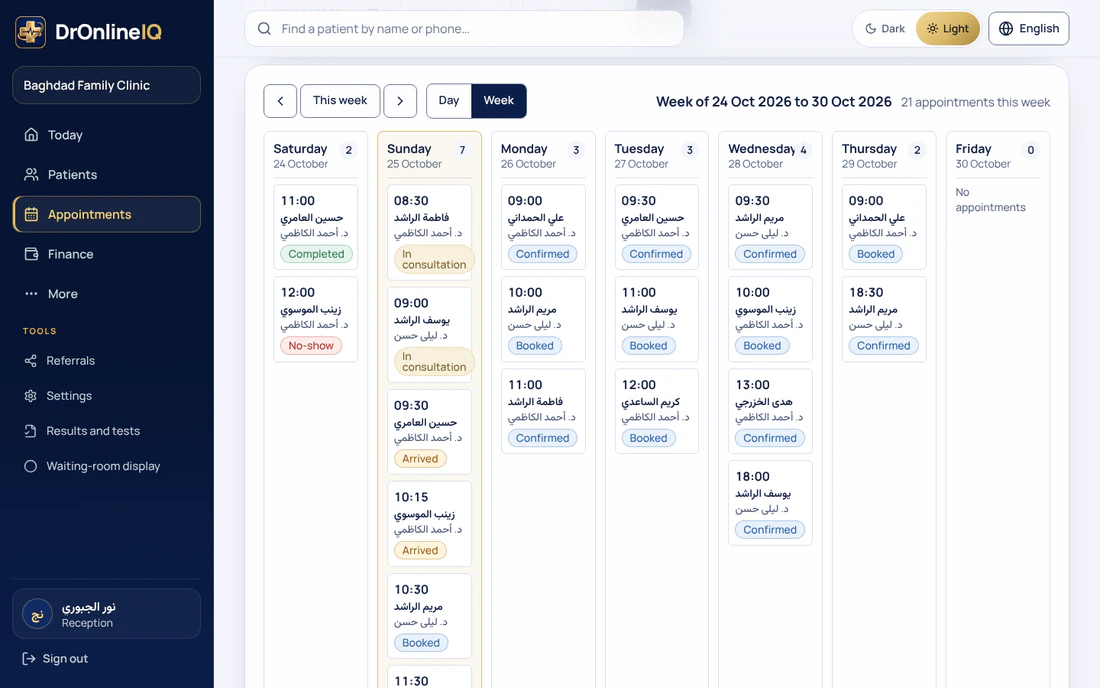Reception screen: the clinic's week of appointments in seven day columns, each appointment with time, patient, doctor and status.